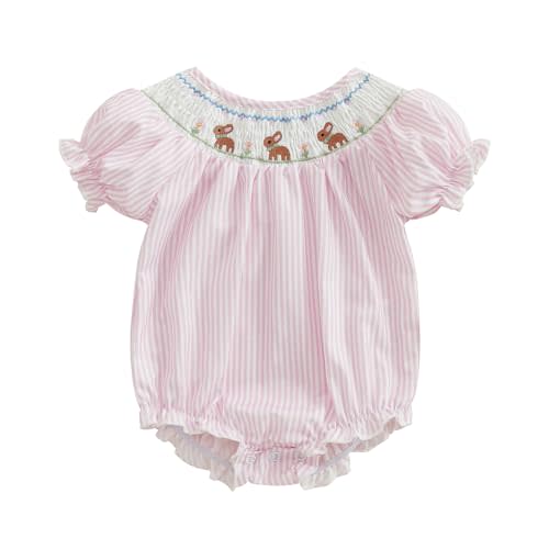 Adobabirl Baby Girl Easter Outfit Bunny Embroidery Smocked Bubble Romper Plaid Short Sleeve Bodysuit Cute Summer Clothes