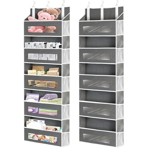 2 Packs 5-Tier Over the Door Storage Organizer with 10 Side Mesh Pockets, 48 lbs Load Capacity, 3 Hooks Design, Hanging Organizer with Clear Windows for Bathroom, Bedroom, Nursery, Kitchen-Grey