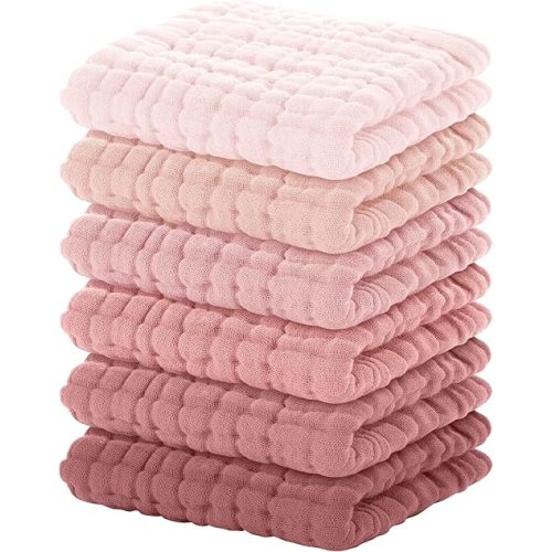 Yoofoss Muslin Baby Washcloths 100% Cotton Face Towels 6 Pack Wash Cloths for Baby 12x12in Soft and Absorbent Baby Wipes (Gradient Pink)