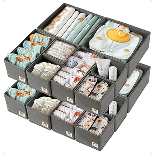 16 Pack Drawer Organizer for Baby Clothes, Nursery Drawer Organizer for Baby Diaper, Collapsible Deep Fabric Drawer Organizer with Zipper for Socks, Bra, Towels, Ties, Grey