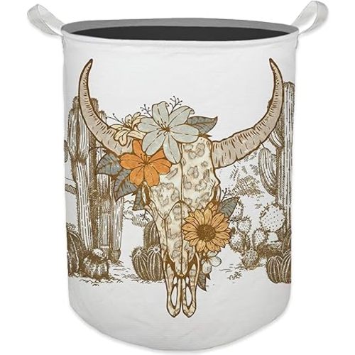 Western Laundry Basket, Vintage Western Floral Bull Skull Waterproof Collapsible Laundry Hamper Dirty Clothes Storage Toy Bin Organizer for Western Bathroom Bedroom, Western Home Decor