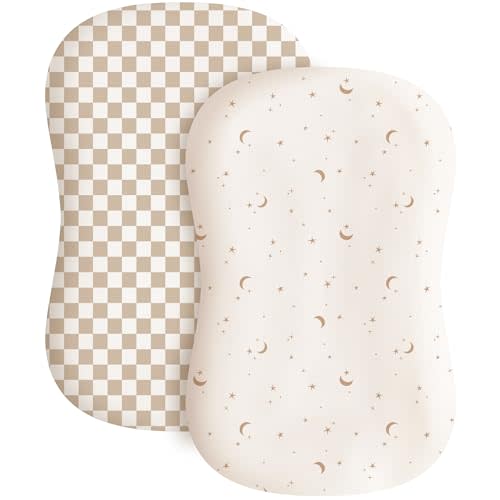 Konssy 2 Pack Baby Lounger Cover, Stretchy and Soft Newborn Lounger Cover, Infant Lounger Slipcover for Boys Girls, Covers Only (Coffee Check,Moon)