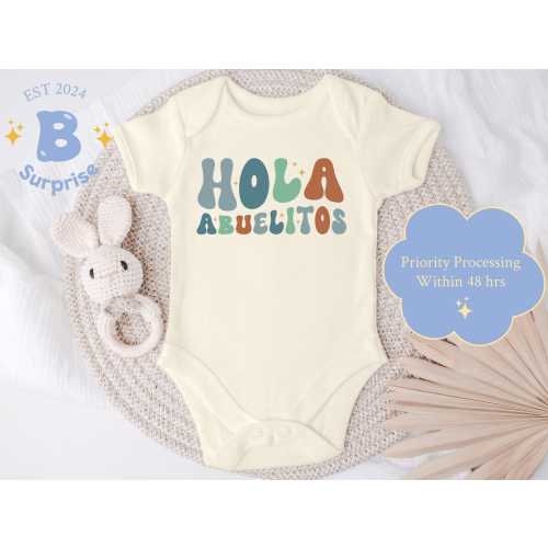 Hola Abuelitos Onesie® - Spanish Baby Announcement Bodysuit - Abuelos sorpresa - Natural Retro Baby Gift