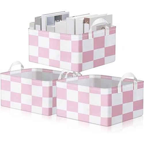 Boao 3 Pcs Checkered Storage Bin Large Rectangular Storage Basket Collapsible Gingham Cube Bins Canvas Laundry Basket Foldable Box with Handle for Office Home Bedroom Clothes Cars(Pink)