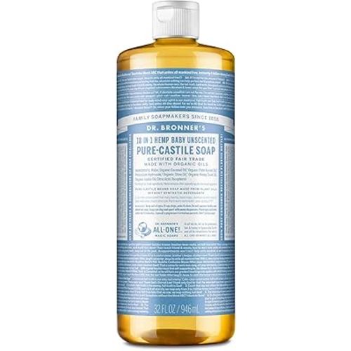 Dr. Bronner's Pure Castile Liquid Soap - Made with Regenerative Organic Certified Oils - 18-in-1 Uses for Face, Body, Hand - Gentle on Baby & Sensitive Skin - All Natural Body Wash - Unscented,32oz