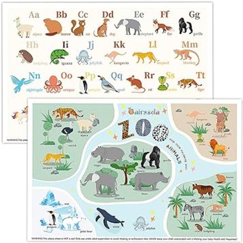 Disposable Placemats for Baby,Artistic 40 Pack Stick on Placemats with 2 Designs:Cute Zoo and Alphabet ABC,Baby Toddler Placemats for Restaurant,Travelling,Picnic,12" x 18"