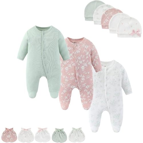 Baby Boy Girls Clothes 2-Way Zip Footed Long Sleeve 100% Cotton,Newborn Caps and Scratch Mittens Set 0-6 Months