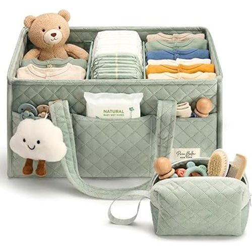 PeraBella Baby Diaper Caddy Organizer, Baby Basket Shower Gift, Portable Changing Table Basket, Postpartum Caddy & Tote Bag Pouch, Newborn Boy & Girl Nursery Essentials Registry, Car Diaper Organizer