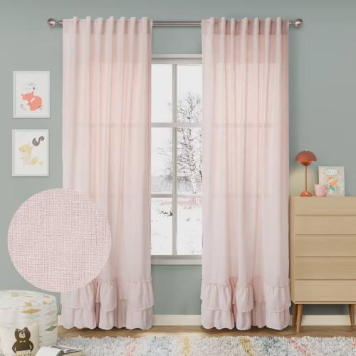 Linen Texture Double Ruffle Semi-sheer Curtain Pair(2 panels)
