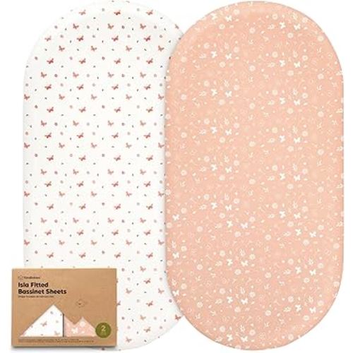 2-Pack Baby Bassinet Sheets Girl,Boy - Viscose Derived from Bamboo Fitted Bassinet Sheets Compatible with Halo Bassinest Swivel Sleeper,Baby Delight,Graco Bedside Bassinet Mattress Sheet (Butterflies)