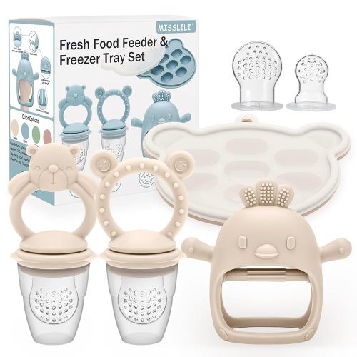 4 Pack Silicone Teething Mitten for Babies with Baby Fruit Food Feeder & Freezer Tray Set, BPA Free Infant Teething Relief Toy for 3 Month+, Additional Silicone Sacs (Bear&Smile Beige)