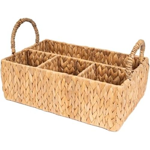 Divided Water Hyacinth Baskets with Handles, Storage Basket Woven Natural for Organizing Bathroom Kitchen Shelves Office Supplies Organization, Wicker Storage Baskets 4 Section Rectangular Tray