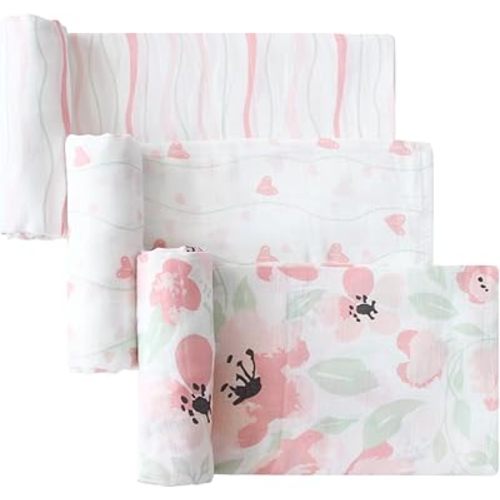 Little Grape Land Muslin Swaddle Blankets, 100% Cotton Muslin Blankets, Large Size Baby Receiveing Blankets, Soft Breathable Baby Blankets for Newborns - Floral / 47x47in, 3 Pack