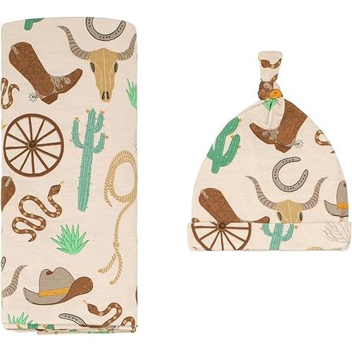 Little Sleepies Swaddle & Hat Set, Baby Swaddles Newborns, Soft Viscose from Bamboo Swaddle Blanket Wrap (Caramel Ready to Rodeo)