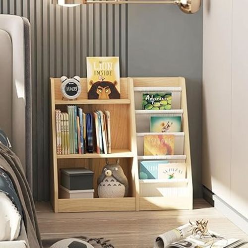 NACHES 3 Tier Kid Bookshelf Wooden 4 Sling Children Bookcase Adjustable Toddler Montessori Rack Display Toy Storage Organizer Book Display Shelf Stand Classroom Bedroom Nursery Playroom(Burlywood)