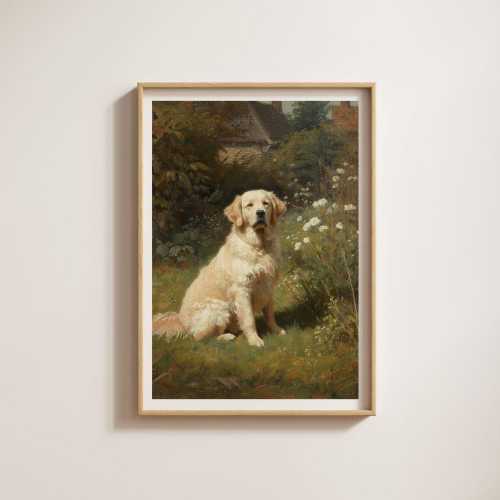 English Cream Retriever in the Garden (unframed) | Heritage Style Dog Print | Vintage Oil Painting Style | Dog Wall Art
