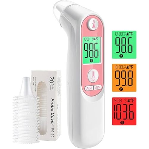 Ear Thermometer for Kids, Babies and Adults, 1 Second Accurate Digital Thermometer, Mute Function, 3-Color Fever Alert, 3 Age Groups, 30 Memory Recall with 20x Probe Covers (Pink)