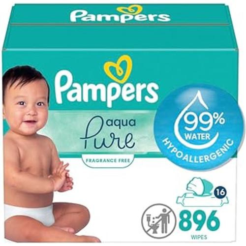 Pampers Aqua Pure Sensitive Baby Wipes, 99% Water, Hypoallergenic, Unscented, 16 Flip-Top Packs (896 Wipes Total) (Packaging May Vary)