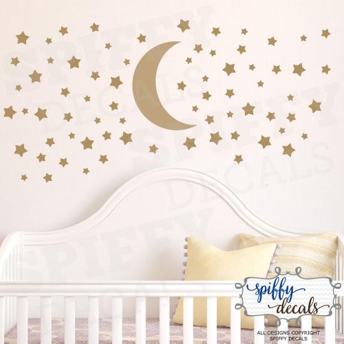 Moon and Set of 100+ Stars Wall Decal, Nursery Wall Stickers, Vinyl Sticker Decor Confetti, Nursery, Bedroom Crib by Spiffy Decals