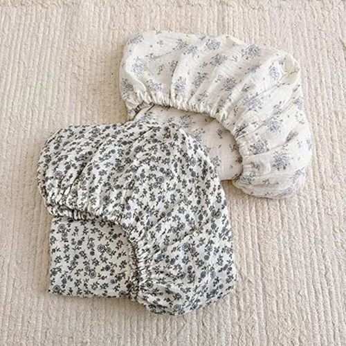 BuLuTu Blue Flower Design Muslin Crib Sheets for Boys Girls, 52"x28", 2 Pack Fitted Standard Crib Mattress Sheets Neutral, Double-Layer Gauze Cotton Cover for Baby Bed, Freesia & Blue Floral