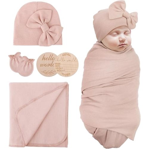 Newborn Receiving Blanket with Bow Hat Mittens Wooden Card Set Newborns Toddler Baby Boy Girl Nursery Swaddle Wrap
