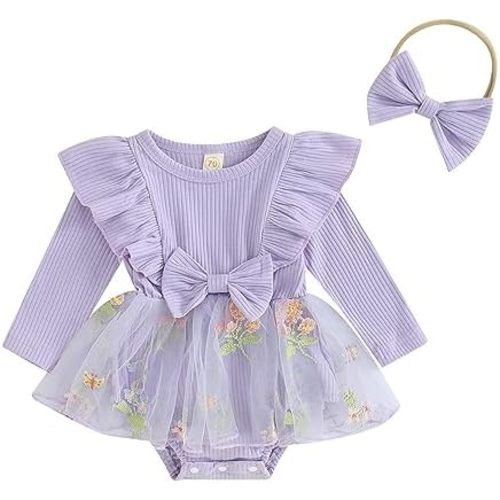 Madjtlqy Toddler Baby Girl Fall Winter Outfit Set Plaid Romper Dress Ruffles Long Sleeve Clothes Jumpsuit with Bow Headband
