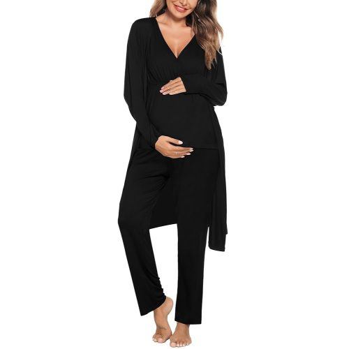 SWOMOG Maternity Nursing Robe Set 3 Piece Postpartum Breastfeeding Pajamas 3 in 1 Hospital Labor Delivery Pregnancy Pjs