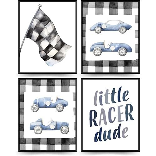 ETVISO Boys Room Decor, Race Car Room Decor, Playroom Decor, Little Racer Dude Wall Art for Boys Room Decor, Buffalo Plaid Racing Posters, Toddler Boy Room Decor, 8x10 Inch Set of 4 Unframed