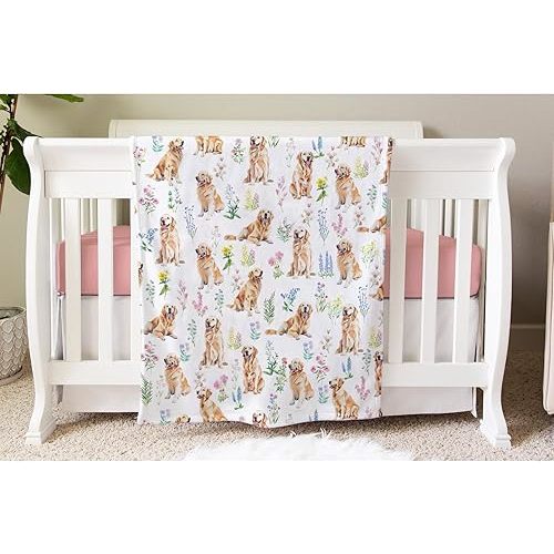 Golden Retriever Floral Neutral Newborn Nursery Baby Swaddle Receiving Blankets - Soft Plush Lightweight White 30x40inch