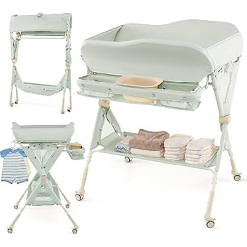 INFANS Baby Changing Table with Wheels, Portable Folding Diaper Station Nursery Organizer with Storage Basket, Hanging Rack, Adjustable Height, Safety Belt for Newborn Infant (Green)