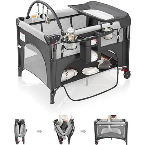4 in 1 Baby Bassinet Bedside Crib with One-Hand Setup & Waterproof Mattress – ASTM-Certified Pack and Play, Portable Foldable Playard with Diaper Changer for Newborn to Toddler (Grey)