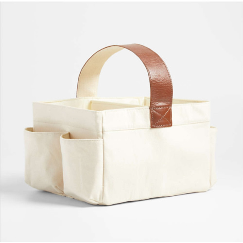 Canvas Diaper Caddy Organizer with Brown Leather Handle