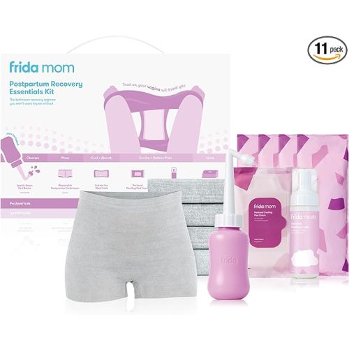 Frida Mom Postpartum Recovery Essentials Kit, includes Disposable Underwear, Instant Ice Maxi Pads, Perineal Healing Foam, Perineal Healing Pad Liners and Upside Down Peri Bottle (11pc Gift Set) - with Peri Bottle