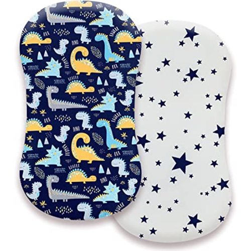 AMROSE Premium Cotton Bassinet Sheets, Compatible with Halo Bassinest Swivel Sleeper, 2 Pack Sheets Set for Baby Boys, Soft Breathable Safe, Dinosaur & Stars