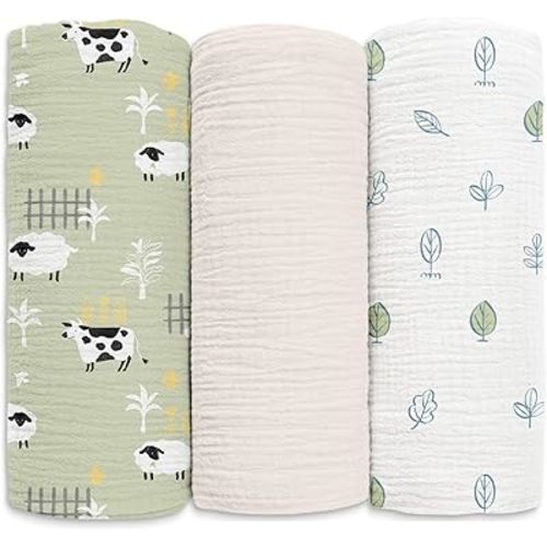 Muslin Swaddle Blankets for Newborn, 3 Pack Breathable Soft Receiving Blanket, Large 38 x 40 inches Swaddle Wrap Burping Clothes Diapers, Essentials Infant Shower Items, Toddler Gift (Cute Farm)