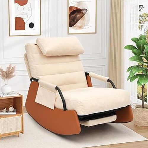 Polar Aurora Rocking Chair,Nursery Rocking Chairs with Soft Seat and Headrest,Corduroy Fabric Accent Chair with Side Pocket,Glider Rocking Chair for Bedroom/Living Room/Nursery. (Beige/Brown)