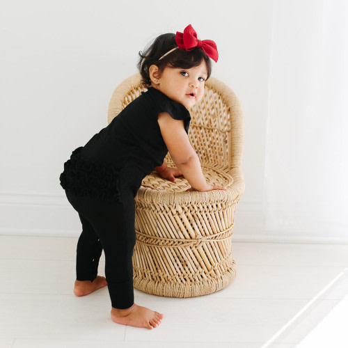 Posh Peanut Ruffled Capsleeve Henley Romper - Black, 3-6 Months