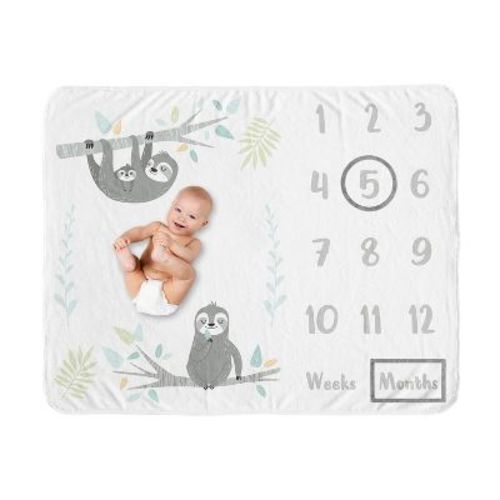 Sweet Jojo Designs Gender Neutral Baby Milestone Blanket Sloth Blue Grey And White