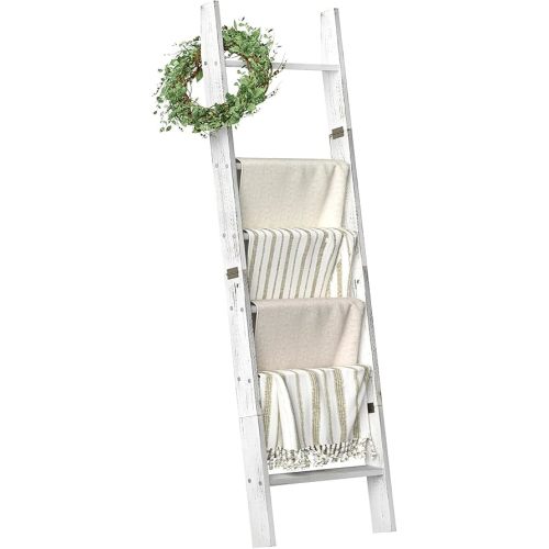 Honest Blanket Ladders for The Living Room, 6-Tier Blanket Holder, Wall-Leaning Blanket Rack, Ladder Shelves, Wooden Quilt Ladder, Farmhouse Decor, White