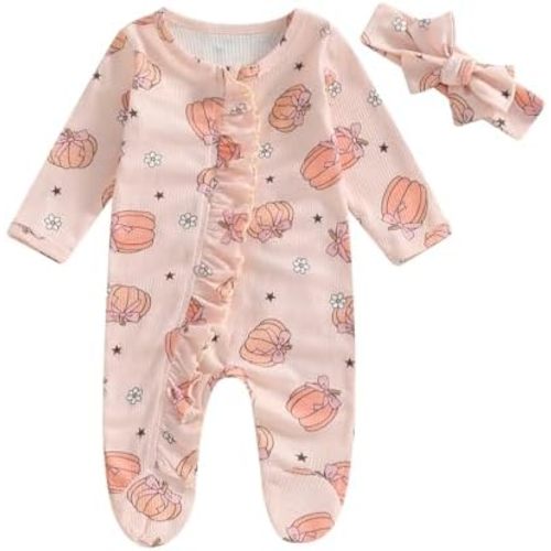 Nebworn Baby Girl Footie Jumpsuit Long Sleeve Ruffle One Piece Waffle Romper Bodysuit Coming Home Fall Clothes Set