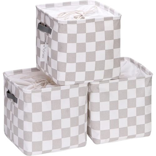 Hinwo 3-Pack Cubic Organizer Shelf Bins, Canvas Fabric Storage Baskets with Handles, 22L/5.8-Gal Square Storage Bins, Cubes, Collapsible Storage Box, 11 x 11 x 11 Inches (S, Grey Checkerboard)