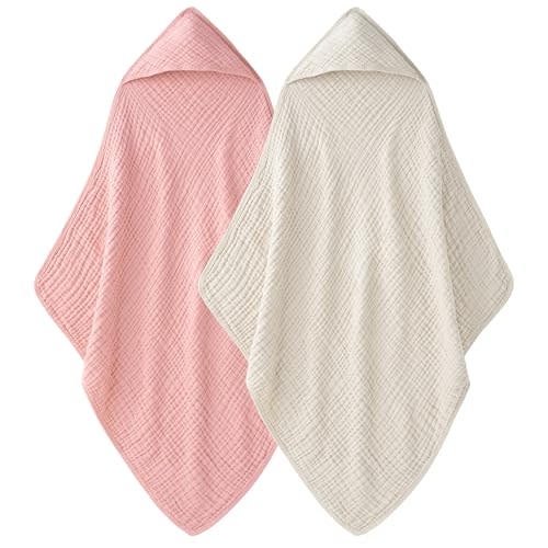 Unnivoll Hooded Baby Towels for Newborn - 2 Pack, 100% Muslin Cotton, Baby Bath Towels with Hood, Soft and Absorbent for Girls Infant, Toddler and Kids, Large 32x32 Inches, Newborn Essential