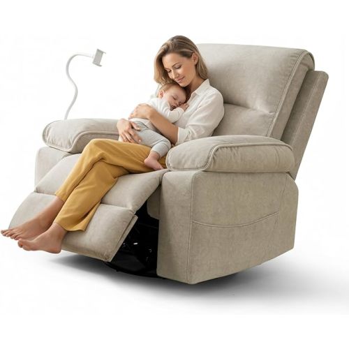 YuuYee Nursery Rocking Chairs Glider Recliner with Flexible Phone Holder, Oversized 360° Swivel Rocker Recliner, Comfortable Nursing Chair for Baby Breastfeeding, Manual Reclining, Velvet, Beige