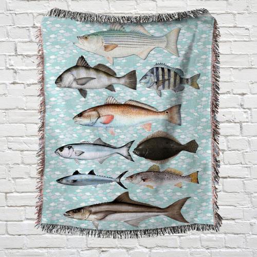 Vintage Saltwater Gamefish Woven Blanket | Inshore Fishing Decor | Fishing Wall Art Tapestry | Beach House Boating Decor
