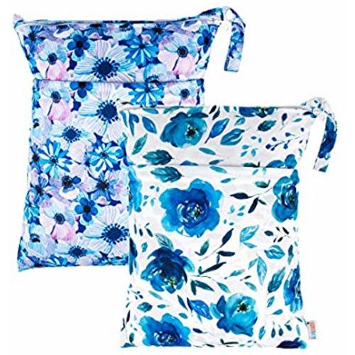 ALVABABY 2pcs Cloth Diaper Wet Dry Bags Waterproof Reusable with Two Zippered Pockets Travel Beach Pool Daycare Soiled Baby Items Yoga Gym Bag for Swimsuits or Wet Clothes L41104 - blue rose&chrysanthemum