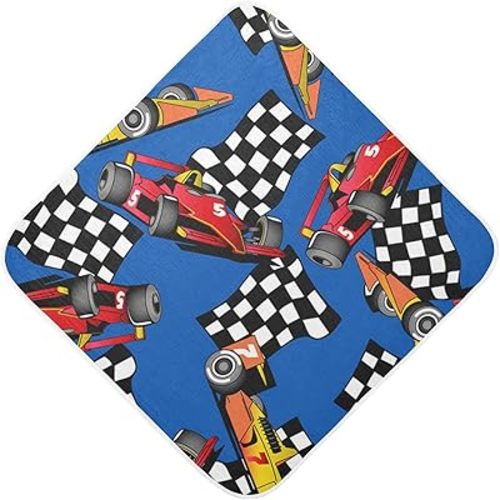 Hippie Vintage Racing Cars Hooded Baby Towel Race Car Flag Baby Bath Towel Unisex Soft Organic Cotton Washcloths Toddlers Shower Gifts for Boys Girls Newborn 30 x 30 in