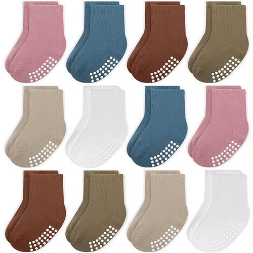 JAKIDAR 12 Pack Baby Socks Cotton Crew Toddler Socks Grips Non Slip Bottom Kids Socks