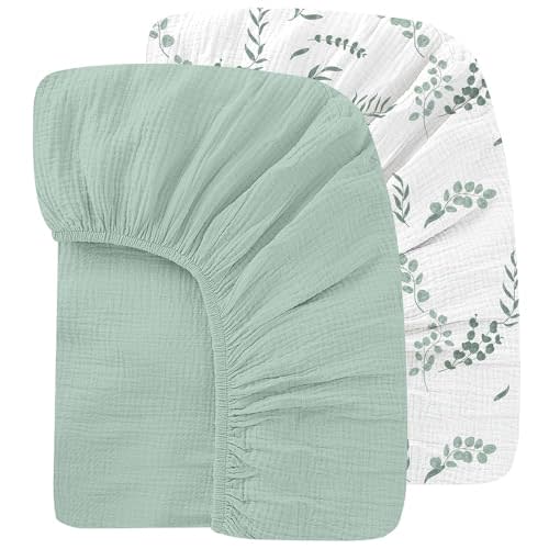 100% Organic Cotton 2 Pack 52x28 Inches Muslin Crib Sheets Fitted Crib Mattress Sheet for Baby Girls & Boys, Soft Boho Neutral Toddler Bed Sheets Fits Well Standard Size Crib Mattress 28x52 Inches