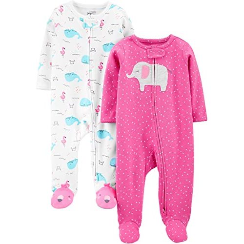 Simple Joys by Carter's Baby Girls' 2-Pack Cotton Footed Sleep and Play - Newborn - Pink, Elephant/Whales - 2-Way Zipper