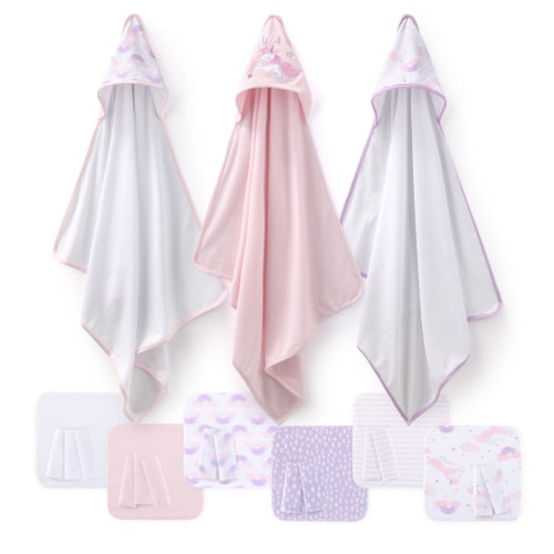 Peanutshell 23-Piece Pink Unicorn Rainbow Baby Girl Bath Set with Hooded Towels & Infant Wash Cloths